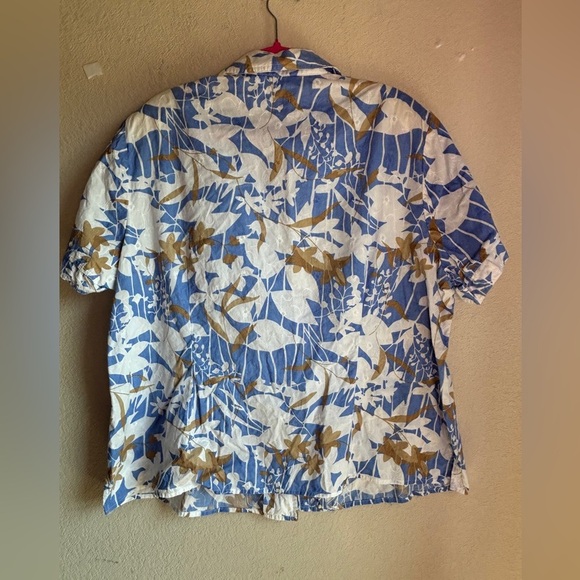 Alia Blue White Tropical Floral Embroidered Aloha Collared Short Sleeve Top 22W - Picture 6 of 8